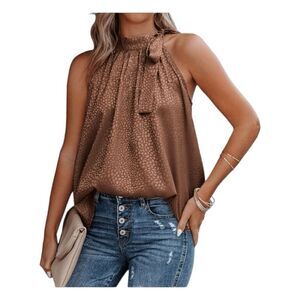 BTFBM Animal Print Halter Top Dark Brown Bow Detail Sleeveless Blouse S